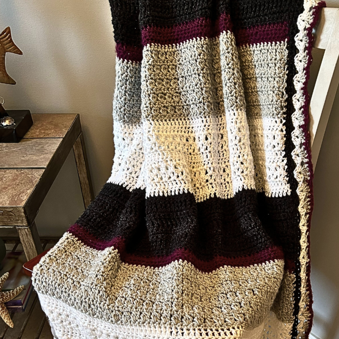 Crochet Striped Throw Blanket Black White Gray and Burgundy