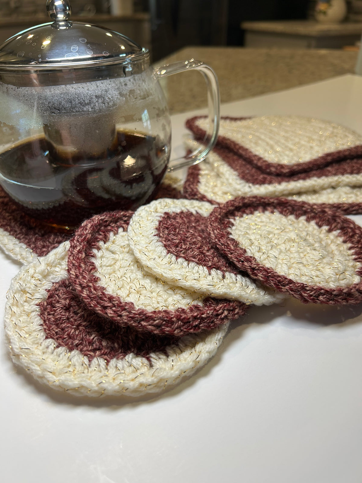Handmade Crochet Mug Mats & Coasters Set (4 Pieces) - Burgundy