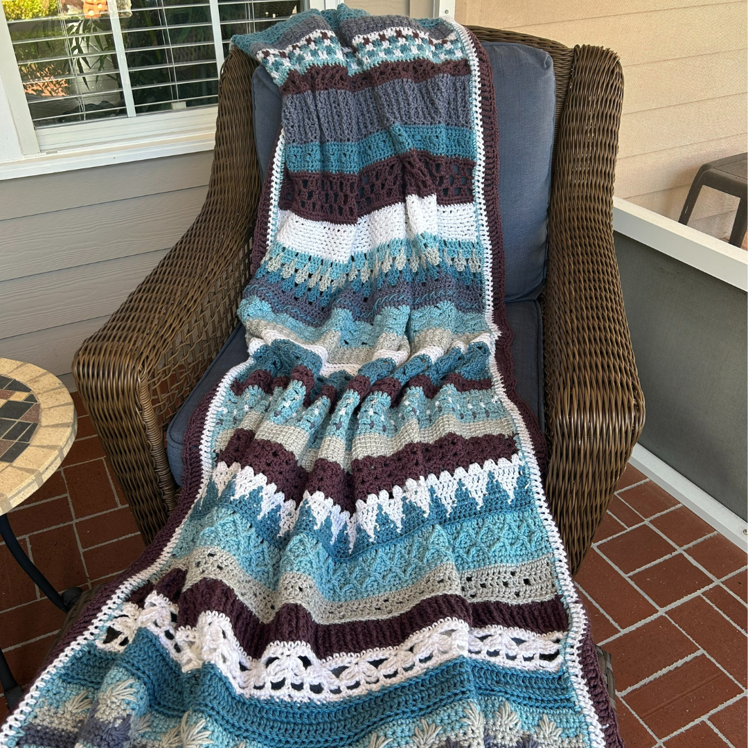 Crochet Heirloom Sampler Throw Blanket Purple White Blue Sand