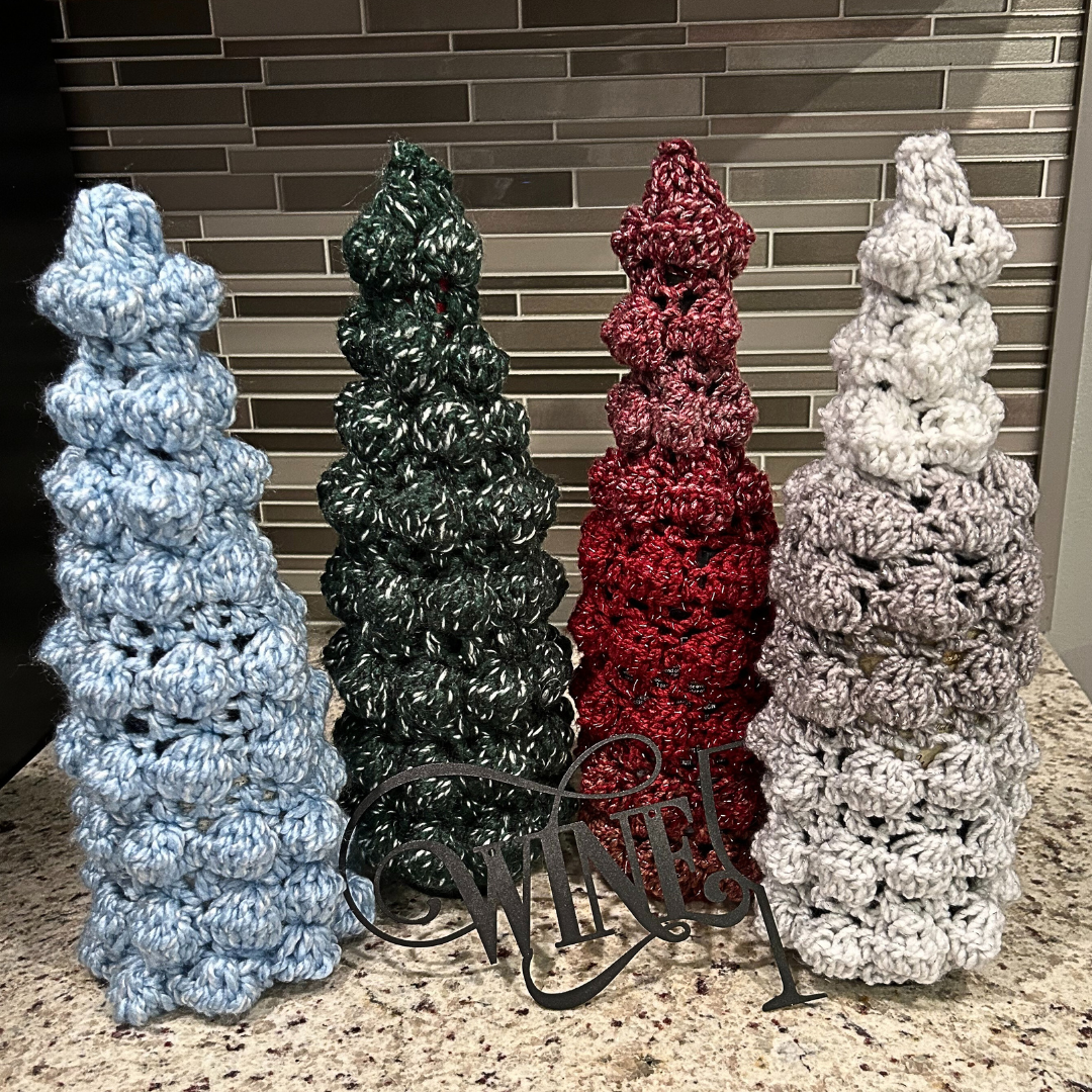 Crochet Christmas Tree Wine Bottle Sweater - Silver and White