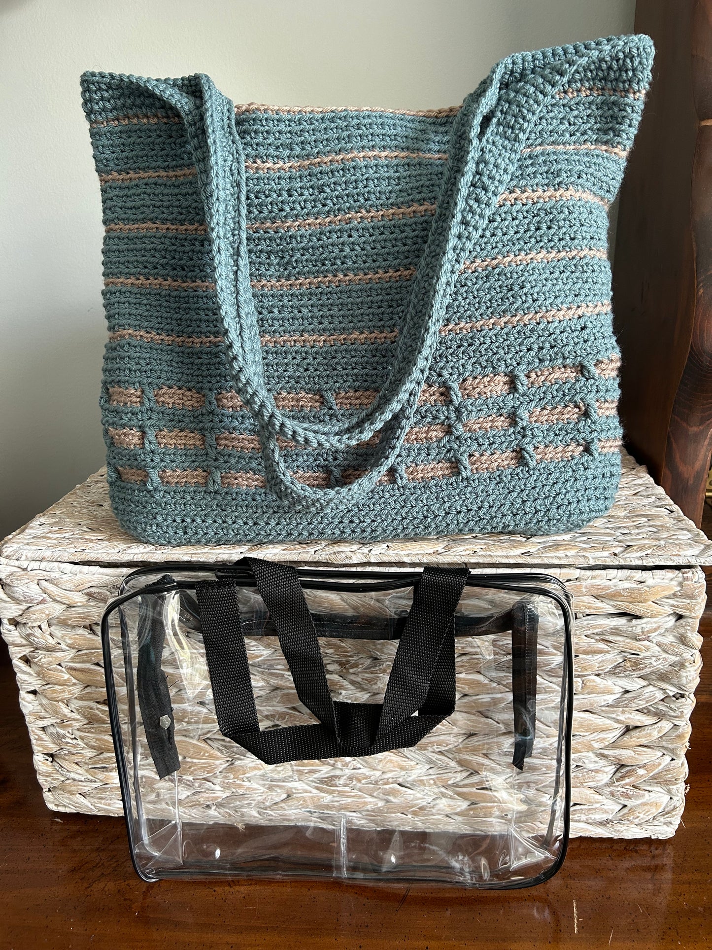 Handcrafted Green and Tan Tote Bag with Zippered Insert