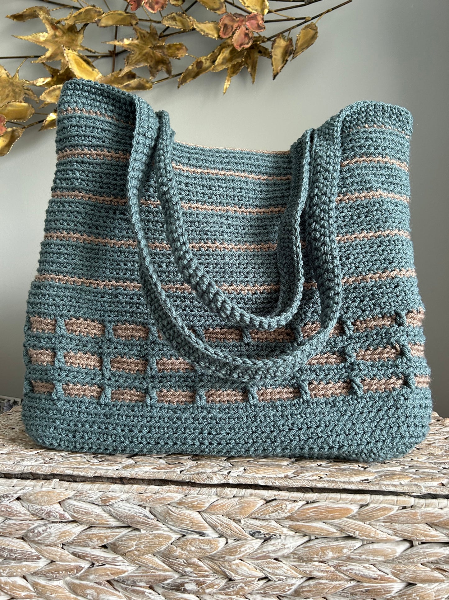 Handcrafted Green and Tan Tote Bag with Zippered Insert