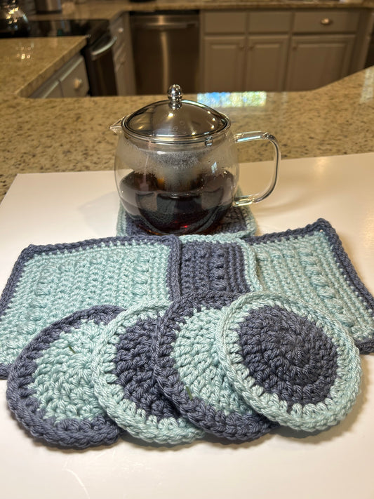 Handmade Crochet Mug Mats & Coasters Set (4 Pieces) - Blue