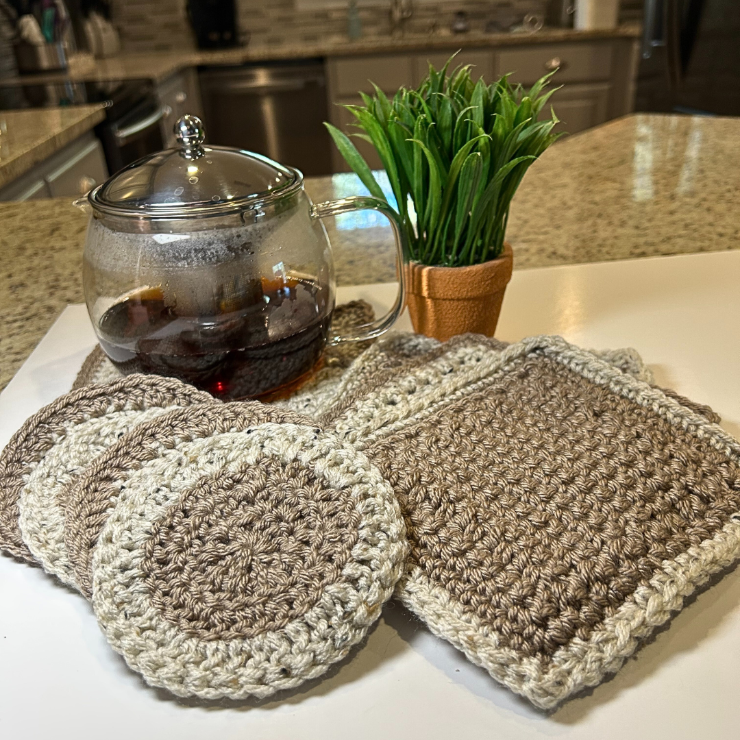 Handmade Crochet Mug Mats & Coasters Set (4 Pieces) - Tan